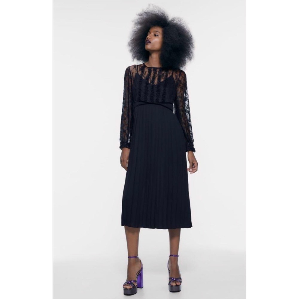 Zara Black Whimsigoth Lace Pleated Long Sleeved Midi Dress Medium‎